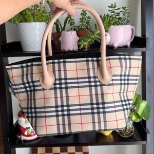 Plaid Tote Bag with Beige Handles